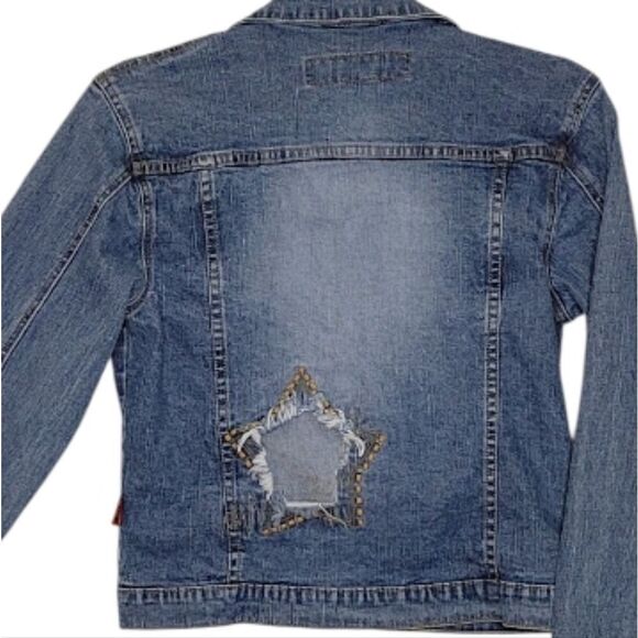 Angfu Authentic Original Blue Star Graphic Button Front Denim Jean Jacket Size L - Picture 5 of 8